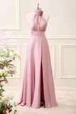 Pink Keyhole A-Line Satin Floor Length Dress with Slit