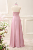 Pink Keyhole A-Line Satin Floor Length Dress with Slit