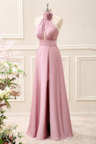 Pink Keyhole A-Line Satin Floor Length Dress with Slit