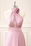 Pink Keyhole A-Line Satin Floor Length Dress with Slit