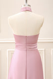 Pink Keyhole A-Line Satin Floor Length Dress with Slit