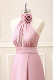 Pink Keyhole A-Line Satin Floor Length Dress with Slit