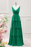 Green A-Line V-Neck Tiered Maxi Dress