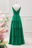 Green A-Line V-Neck Tiered Maxi Dress