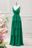 Green A-Line V-Neck Tiered Maxi Dress