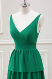 Green A-Line V-Neck Tiered Maxi Dress