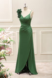 Olive Green Pleated Satin Maxi Dress with Slit