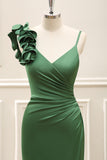 Olive Green Pleated Satin Maxi Dress with Slit