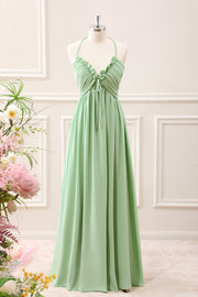 Light Green Ruffled A Line Backless Maxi Dress with Lace-up Back