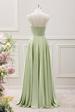 Light Green A-Line Halter Hollow Out Satin Maxi Dress with Flower