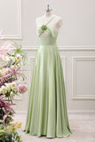 Light Green A-Line Halter Hollow Out Satin Maxi Dress with Flower