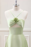 Light Green A-Line Halter Hollow Out Satin Maxi Dress with Flower