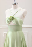 Light Green A-Line Halter Hollow Out Satin Maxi Dress with Flower