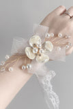 Elegant White Ceramic Flower Mesh Wrist Corsage with Lace Ribbon