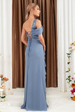 Grey Blue One Shoulder Mermaid Appliques Maxi Dress with Slit