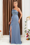 Grey Blue One Shoulder Mermaid Appliques Maxi Dress with Slit