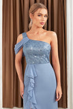 Grey Blue One Shoulder Mermaid Appliques Maxi Dress with Slit