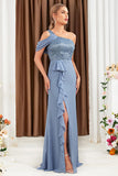 Grey Blue One Shoulder Mermaid Appliques Maxi Dress with Slit