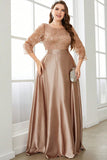 Plus Size Champange Sequins Round Neck Maxi Dress with Sleeves