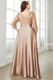 Plus Size Champange Sequins Round Neck Maxi Dress with Sleeves