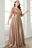 Plus Size Champagne Sequins Round Neck Maxi Dress with Sleeves