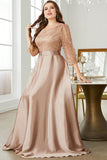 Plus Size Champange Sequins Round Neck Maxi Dress with Sleeves