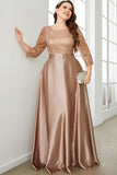 Plus Size Champange Sequins Round Neck Maxi Dress with Sleeves