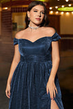 Giltter Navy Plus Size A Line Off The Shoulder Maxi Dress with Slit