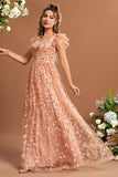 Plus Size Blush Sequin Leaf A Line V Neck Butterfly Sleeves Maxi Dress