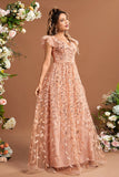 Plus Size Blush Sequin Leaf A Line V Neck Butterfly Sleeves Maxi Dress