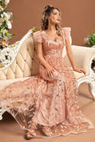 Plus Size Blush Sequin Leaf A Line V Neck Butterfly Sleeves Maxi Dress