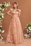 Plus Size Blush Sequin Leaf A Line V Neck Butterfly Sleeves Maxi Dress