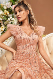 Plus Size Blush Sequin Leaf A Line V Neck Butterfly Sleeves Maxi Dress