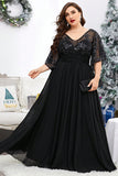 Plus Size Black V Neck Half Sleeves Embroidered Maxi Dress