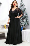 Plus Size Black V Neck Half Sleeves Embroidered Maxi Dress