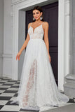 White A Line V Neck Tulle Spaghetti Straps Wedding Dress with Appliques Lace