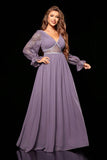 Chiffon A Line Grey Purple V Neck Lace Sheer Lantern Sleeves Maxi Dress