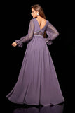 Chiffon A Line Grey Purple V Neck Lace Sheer Lantern Sleeves Maxi Dress