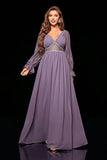 Chiffon A Line Grey Purple V Neck Lace Sheer Lantern Sleeves Maxi Dress