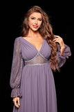 Chiffon A Line Grey Purple V Neck Lace Sheer Lantern Sleeves Maxi Dress