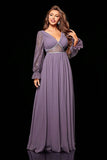 Chiffon A Line Grey Purple V Neck Lace Sheer Lantern Sleeves Maxi Dress