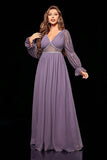 Chiffon A Line Grey Purple V Neck Lace Sheer Lantern Sleeves Maxi Dress