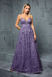 Purple Appliques A Line V Neck Spaghetti Straps Pleated Maxi Dress