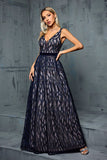 Navy Knitted A Line V Neck Maxi Dress