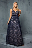 Navy Knitted A Line V Neck Maxi Dress