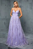 Lilac Appliques A Line V Neck Spaghetti Straps Tulle Maxi Dress