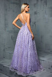 Lilac Appliques A Line V Neck Spaghetti Straps Tulle Maxi Dress