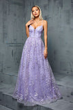 Lilac Appliques A Line V Neck Spaghetti Straps Tulle Maxi Dress