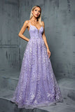 Lilac Appliques A Line V Neck Spaghetti Straps Tulle Maxi Dress