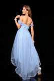 Light Blue Tulle A Line Off the Shoulder Appliques Maxi Dress